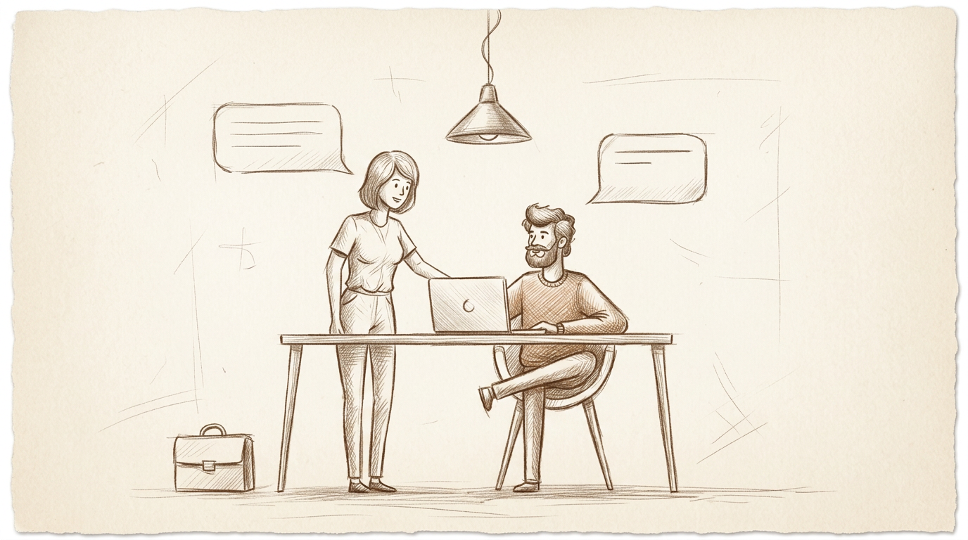 Hand-sketched illustration of a friendly conversation at a desk
